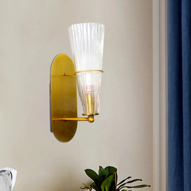 DecorBites™ Modern Gold Cone Wall Sconce with Ribbed Glass Shade