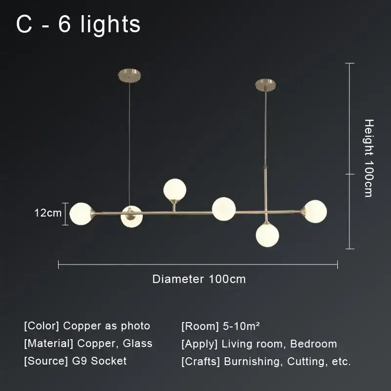 Modern gold copper ceiling chandelier living room glass globe light