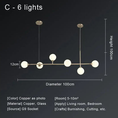 Modern gold copper ceiling chandelier living room glass globe light