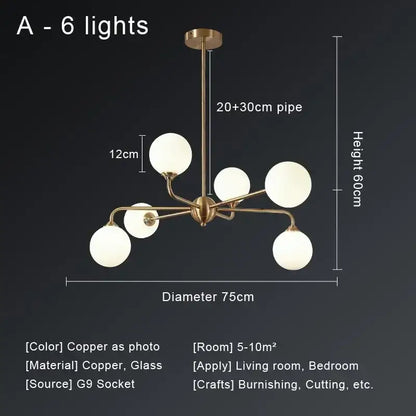 Modern gold copper ceiling chandelier living room glass globe light