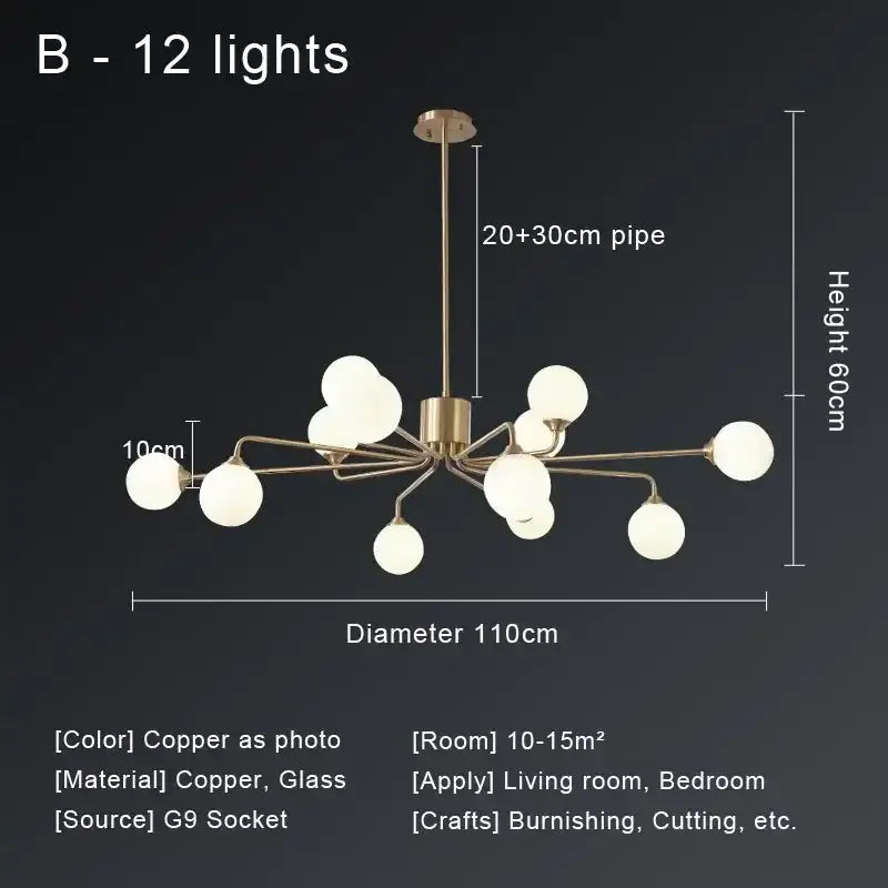 Modern gold copper ceiling chandelier living room glass globe light