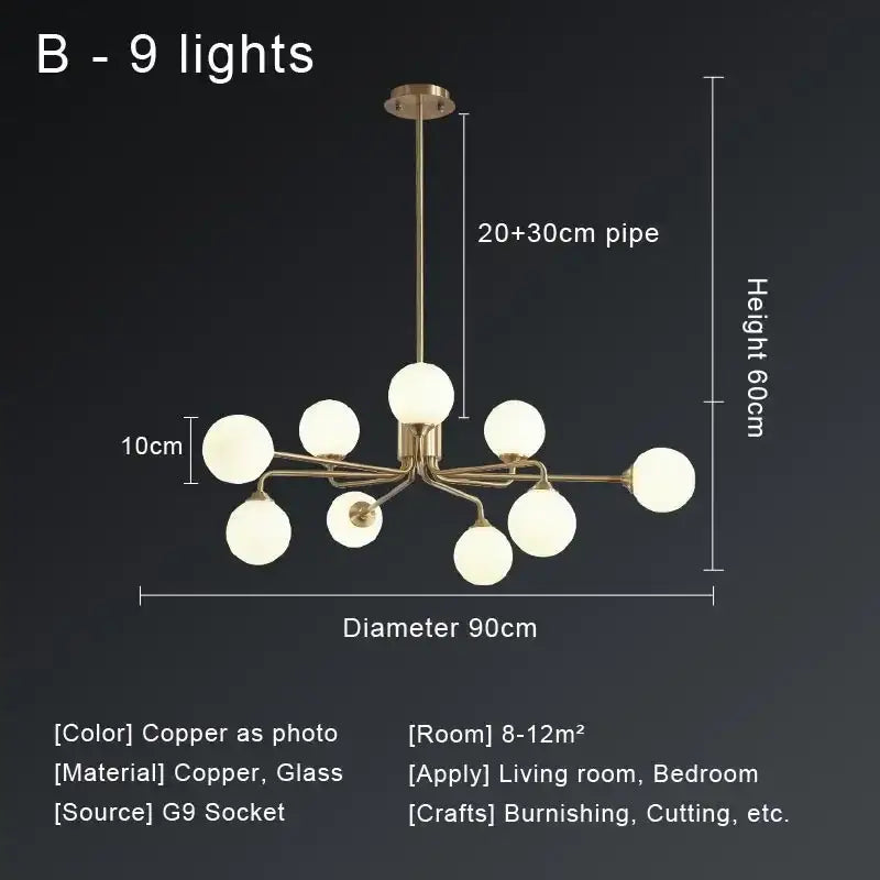 Modern gold copper ceiling chandelier living room glass globe light