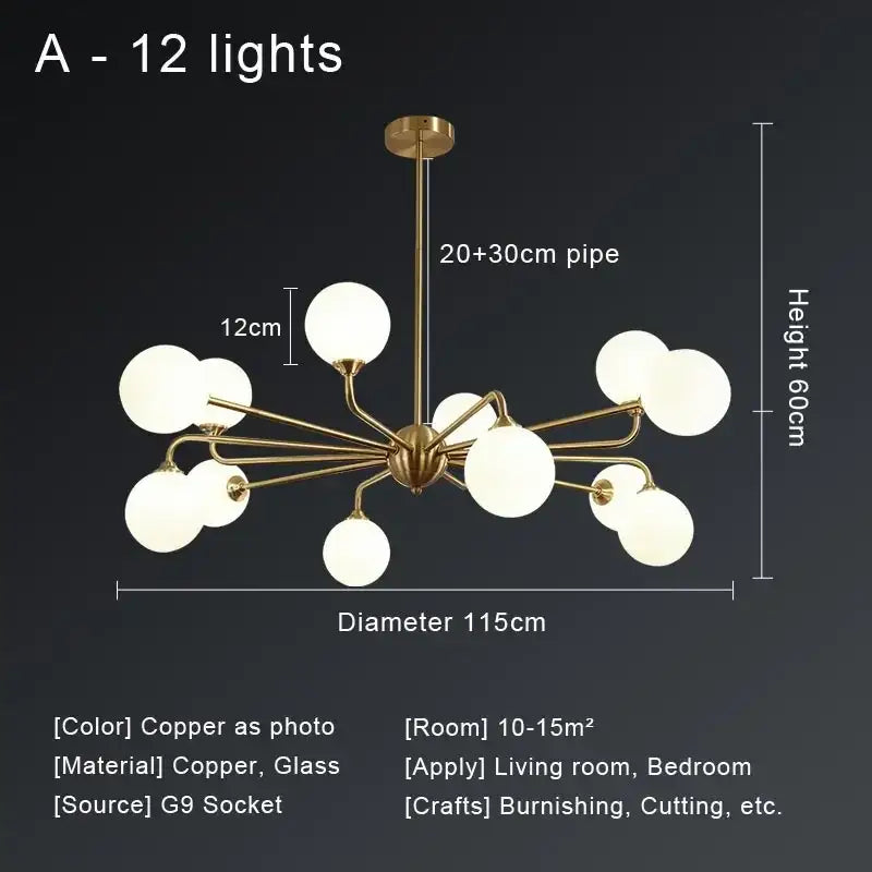 Modern gold copper ceiling chandelier living room glass globe light
