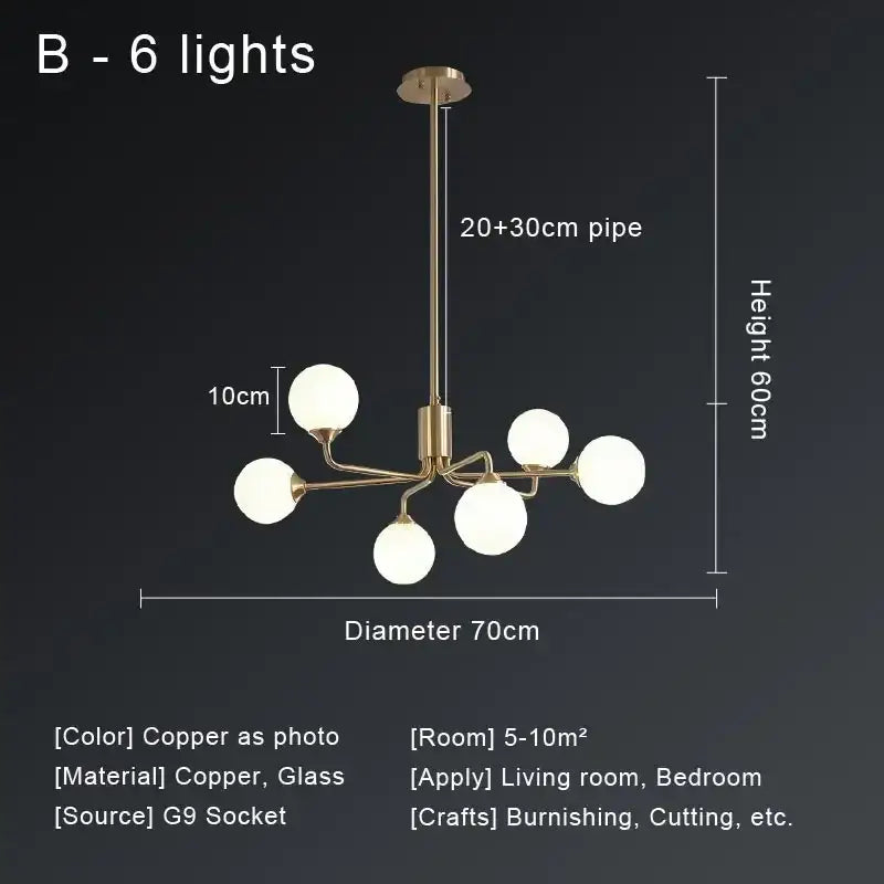 Modern gold copper ceiling chandelier living room glass globe light