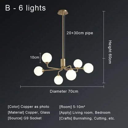 Modern gold copper ceiling chandelier living room glass globe light