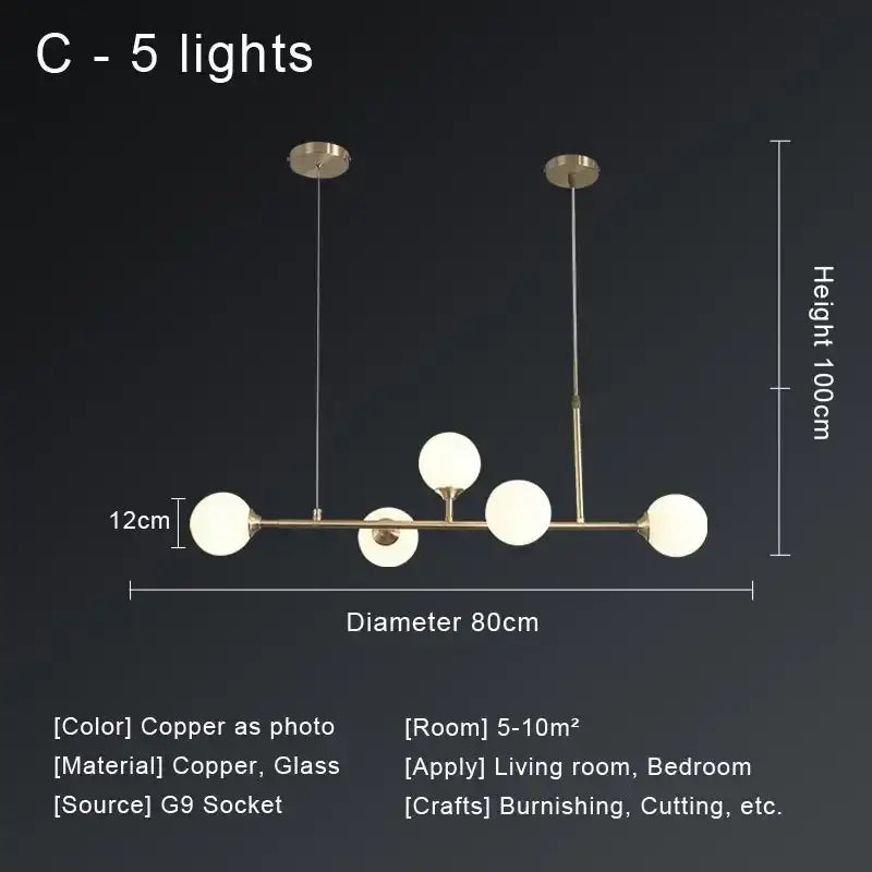 Modern gold copper ceiling chandelier living room glass globe light