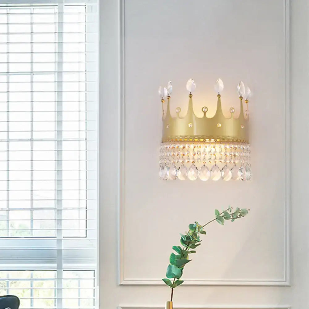 Modern gold crown wall lamp with crystal droplets bedroom led light