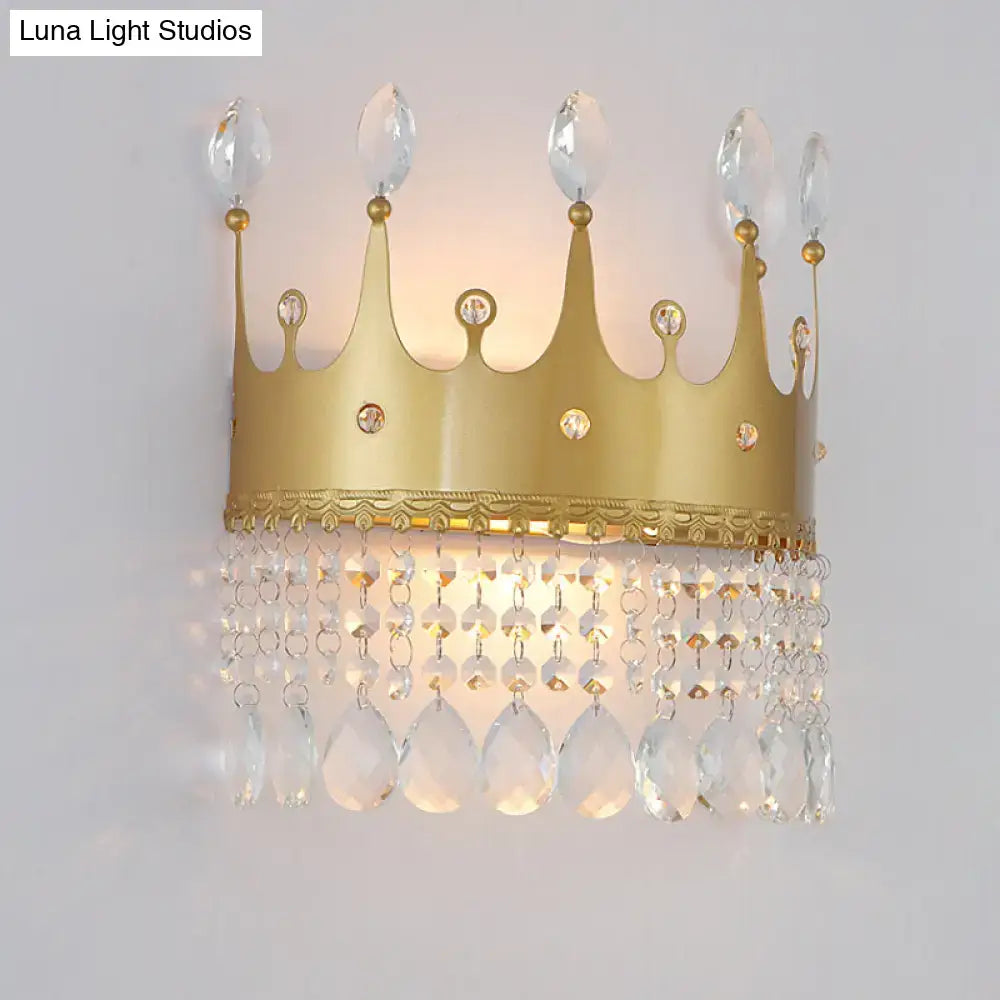 Modern gold crown wall lamp with crystal droplets bedroom led light