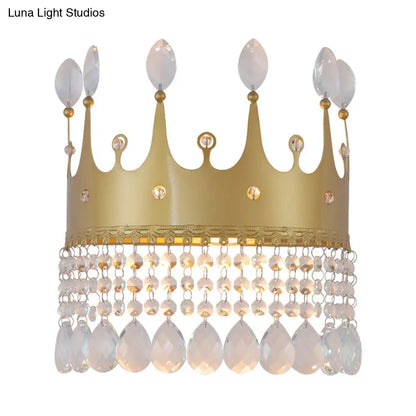 DecorBites™ Modern Gold Crown Wall Sconce with Crystal Droplet - 2 Bulbs Metallic Lamp