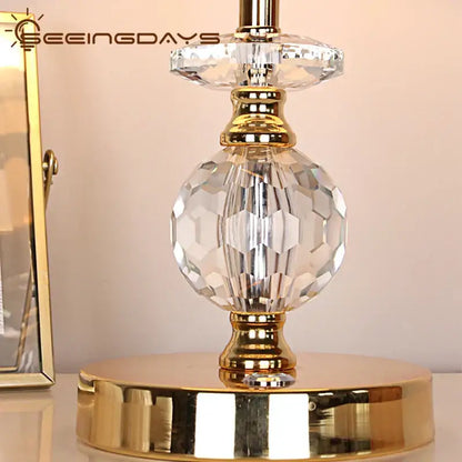 Modern gold crystal ball table lamp bedroom fabric shade
