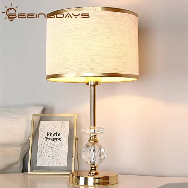 Modern gold crystal ball table lamp bedroom fabric shade