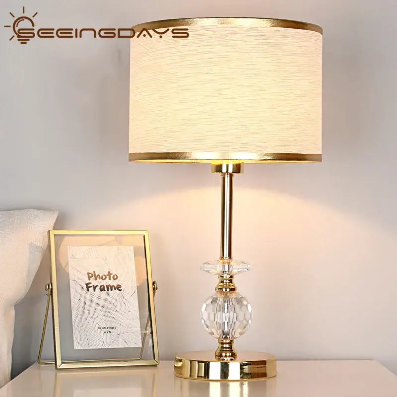 Modern gold crystal ball table lamp bedroom fabric shade