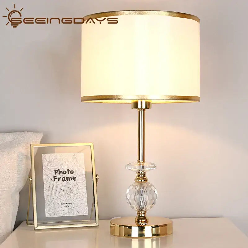 Modern gold crystal ball table lamp bedroom fabric shade