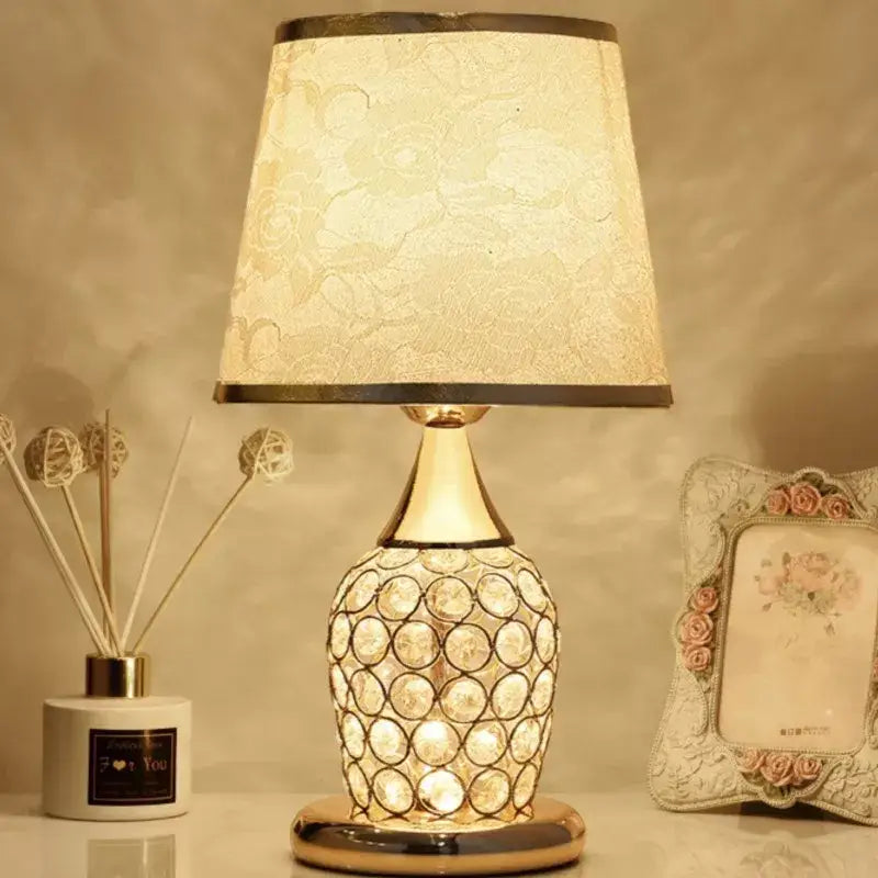 Modern gold crystal bedroom table lamp with lace shade