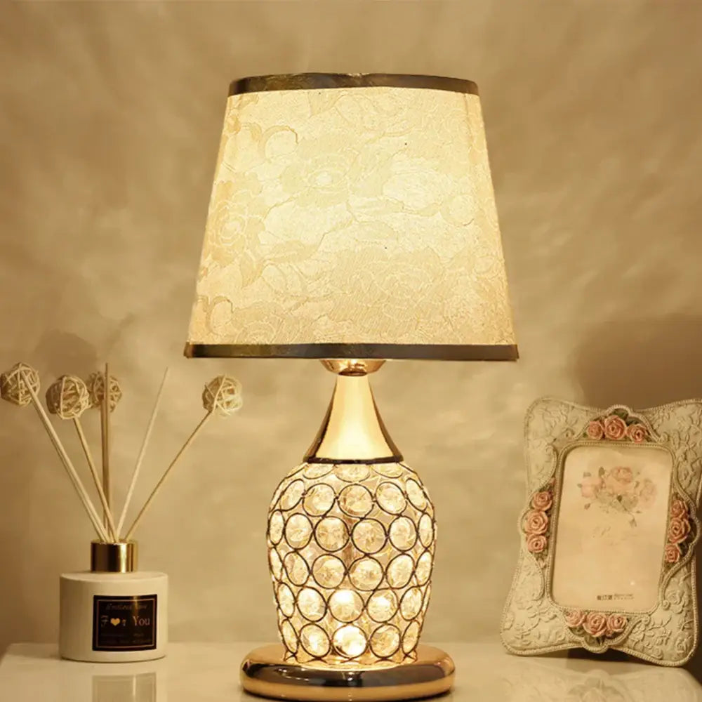 Modern gold crystal bedroom table lamp with lace shade