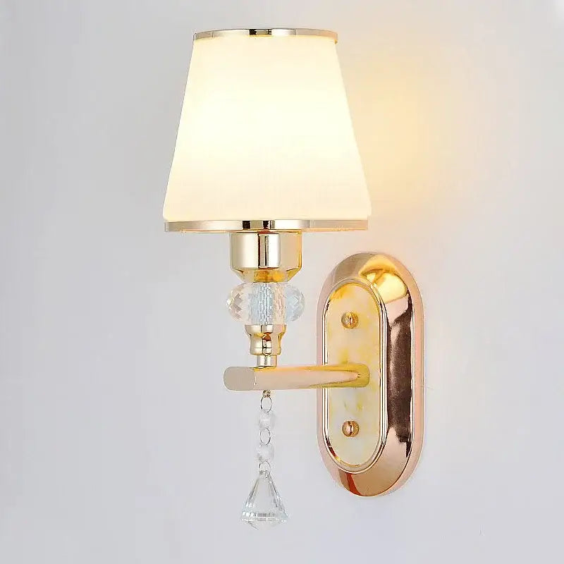 Modern gold crystal bedside wall sconce bedroom light with fabric shades