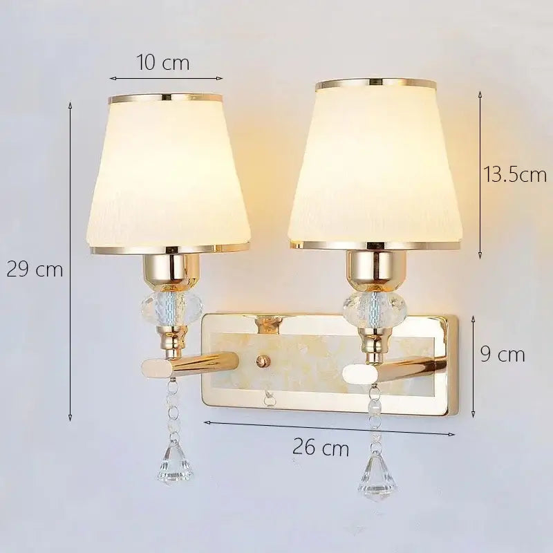 Modern gold crystal bedside wall sconce bedroom light with fabric shades