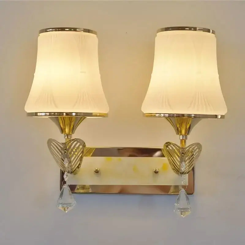 Modern gold crystal bedside wall sconce bedroom light with fabric shades