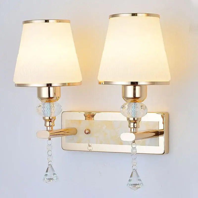 Modern gold crystal bedside wall sconce bedroom light with fabric shades