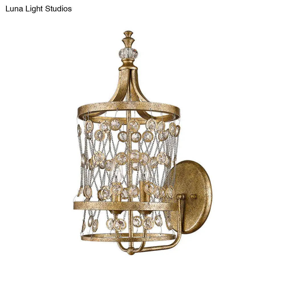 DecorBites™ Modern Gold Crystal Candelabra Wall Sconce with Cylinder Cage and 2 Lights