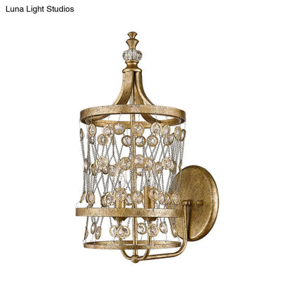 DecorBites™ Modern Gold Crystal Candelabra Wall Sconce with Cylinder Cage and 2 Lights