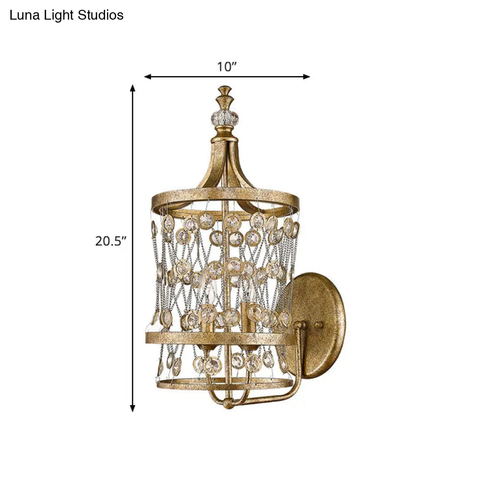 DecorBites™ Modern Gold Crystal Candelabra Wall Sconce with Cylinder Cage and 2 Lights