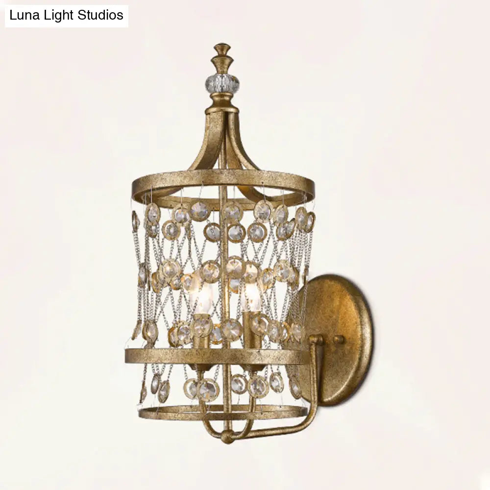 DecorBites™ Modern Gold Crystal Candelabra Wall Sconce with Cylinder Cage and 2 Lights