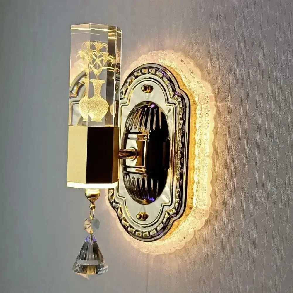 Modern gold crystal carved flower wall light bedroom sconce