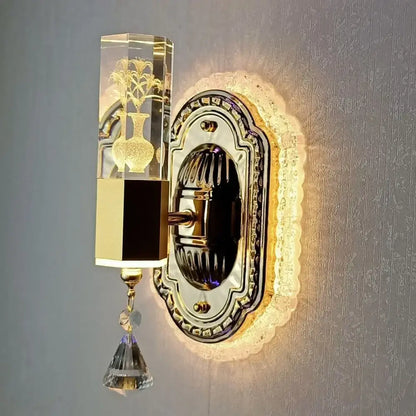 Modern gold crystal carved flower wall light bedroom sconce