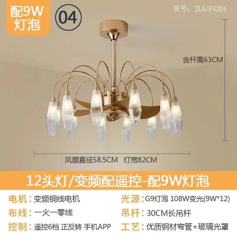 Modern gold crystal ceiling fan lights living room chandelier