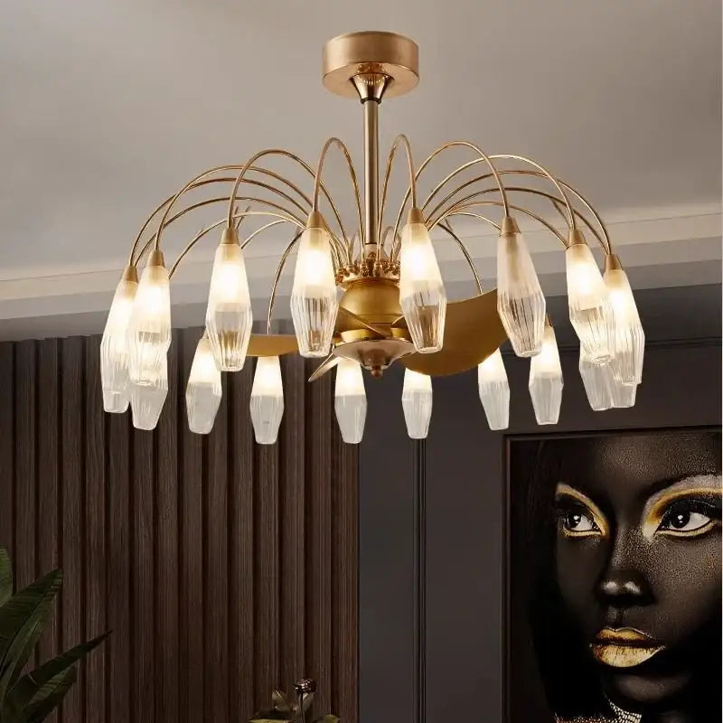 Modern gold crystal ceiling fan lights living room chandelier