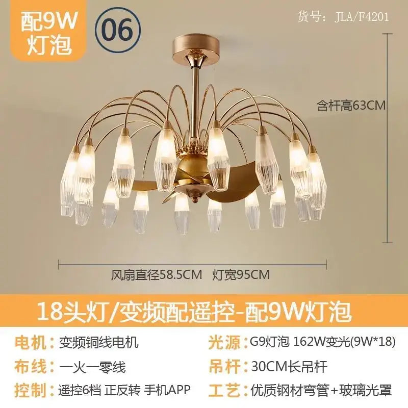Modern gold crystal ceiling fan lights living room chandelier