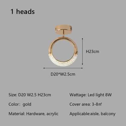 Modern gold crystal circle ring led ceiling light bedroom