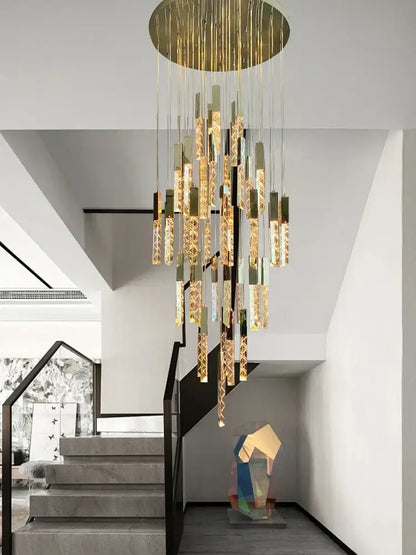 Modern gold crystal circular staircase chandelier villa foyer light