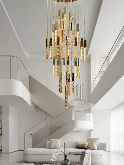 Modern gold crystal circular staircase chandelier villa foyer light