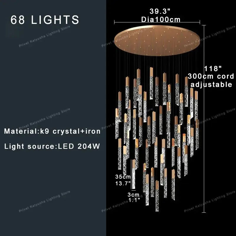 Modern gold crystal circular staircase chandelier villa foyer light