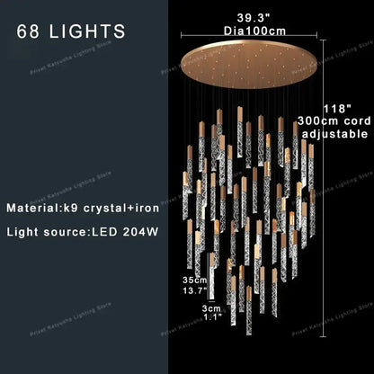 Modern gold crystal circular staircase chandelier villa foyer light