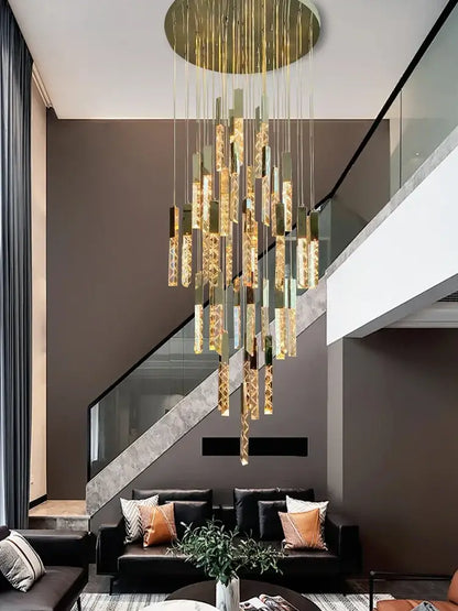 Modern gold crystal circular staircase chandelier villa foyer light