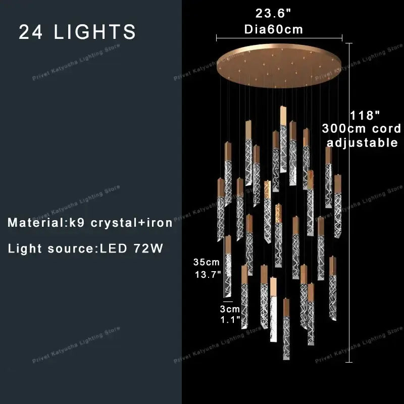 Modern gold crystal circular staircase chandelier villa foyer light