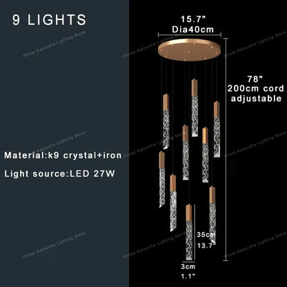 Modern gold crystal circular staircase chandelier villa foyer light