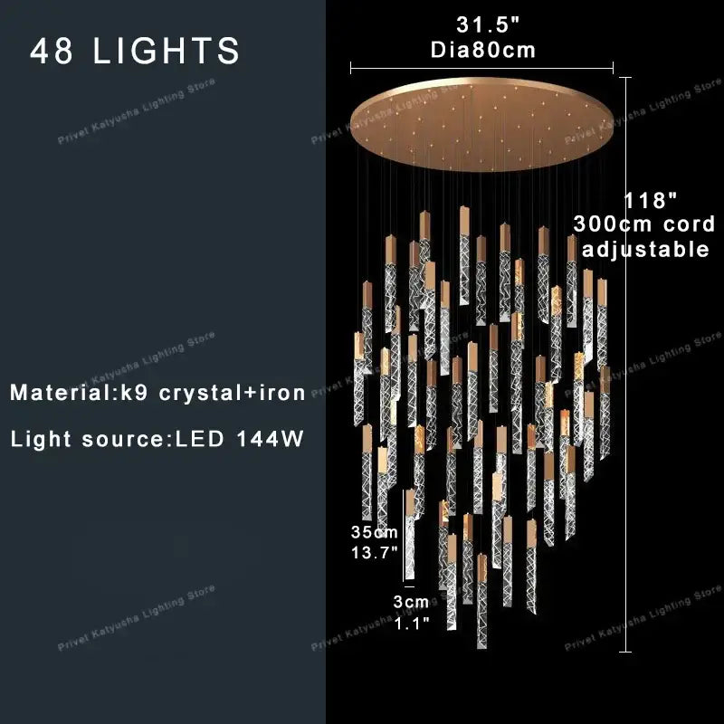 Modern gold crystal circular staircase chandelier villa foyer light
