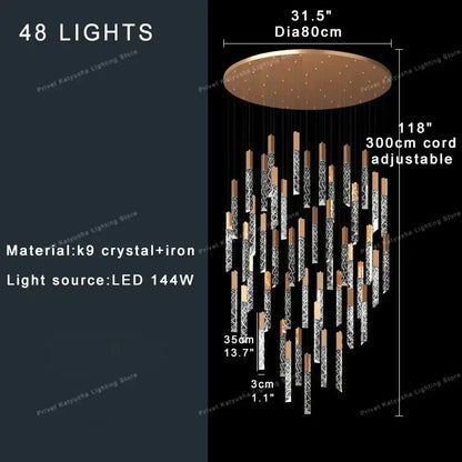 Modern gold crystal circular staircase chandelier villa foyer light