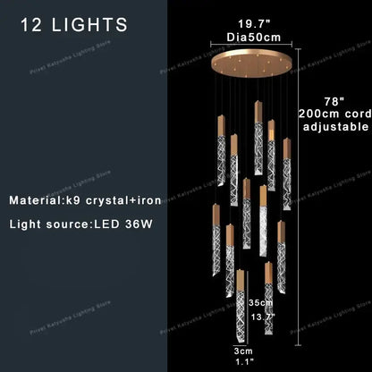 Modern gold crystal circular staircase chandelier villa foyer light