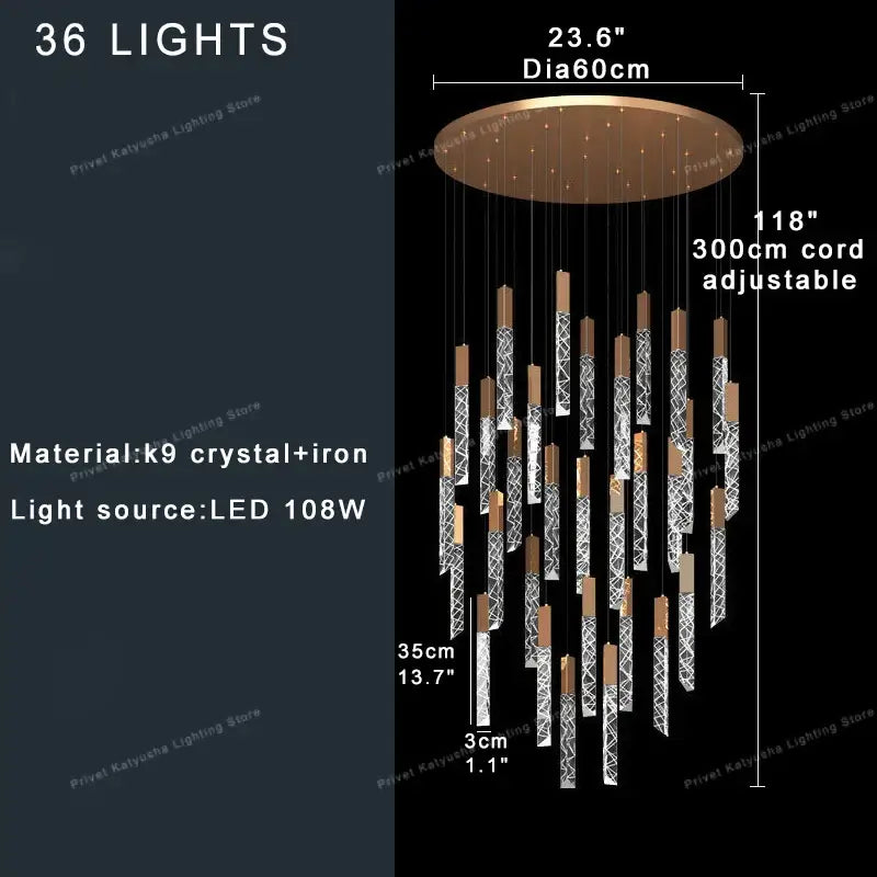 Modern gold crystal circular staircase chandelier villa foyer light