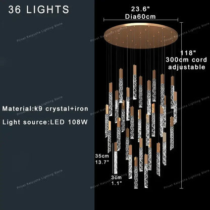 Modern gold crystal circular staircase chandelier villa foyer light