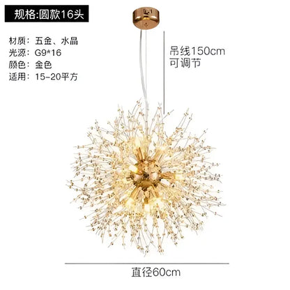 Modern gold crystal dandelion pendant light for dining room