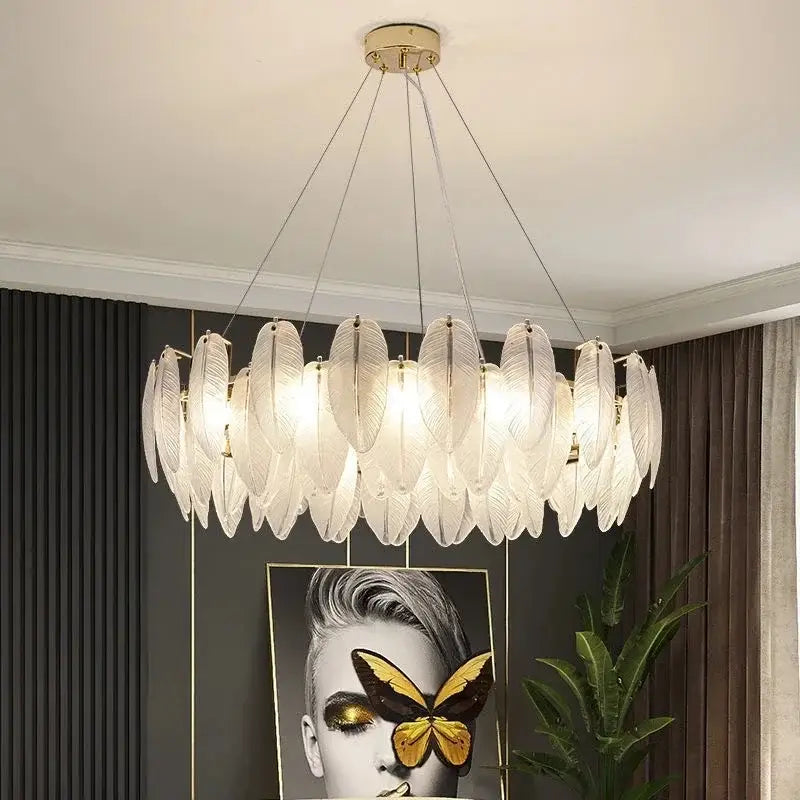 Modern gold crystal feather chandelier living room pendant light