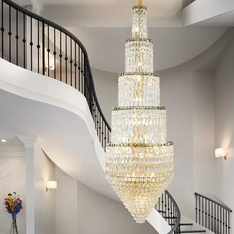 Modern gold crystal hollow long chandelier villa hall lighting