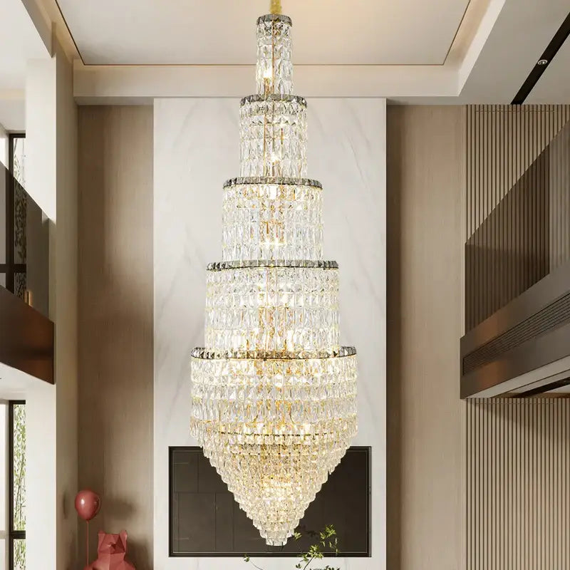 Modern gold crystal hollow long chandelier villa hall lighting