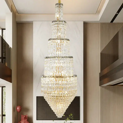 Modern gold crystal hollow long chandelier villa hall lighting